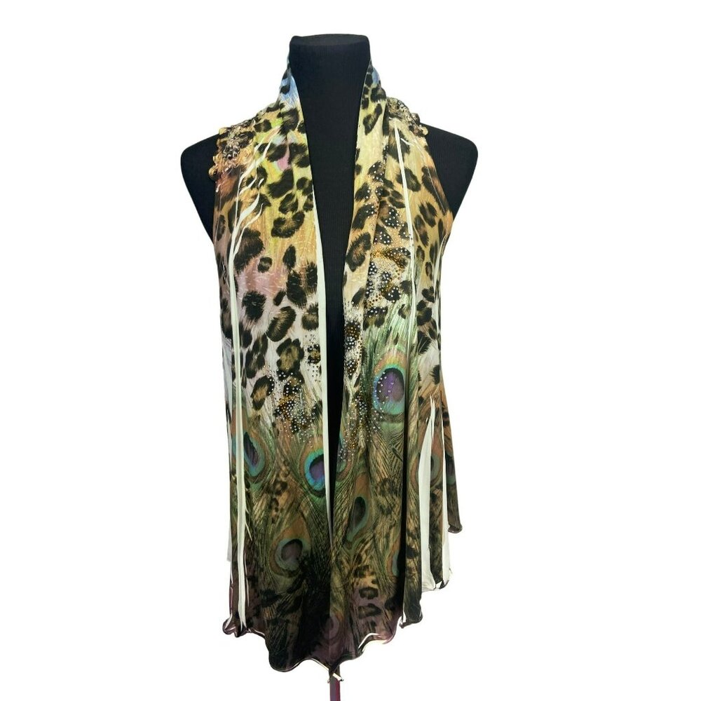 Reina Peacock & Animal Print‎ Sleeveless Cardigan Open Knit Detail Size Large